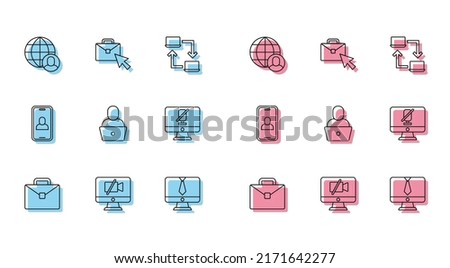 Set line Briefcase, Video camera Off on computer, Freelancer, chat conference, Mute microphone,  and Online working icon. Vector