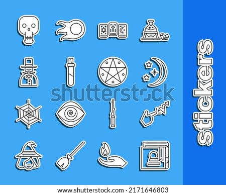 Set line Ancient magic book, Spell, Moon and stars, Three tarot cards, Bottle with love potion, Magician, Skull and Pentagram in circle icon. Vector