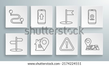 Set line Road traffic sign, Infographic of city map navigation, Map pointer with house, Exclamation mark triangle, Folded location marker, Flag,  and Route icon. Vector