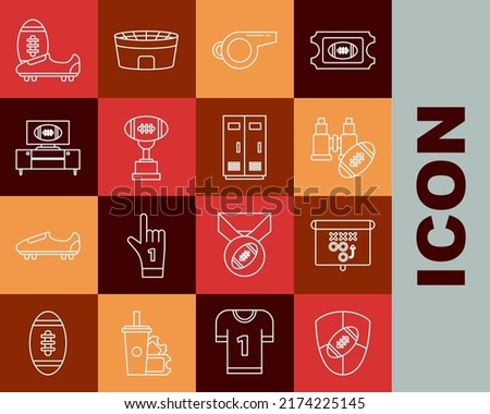 Set line American Football ball and shield, Whistle, Award cup, tv program stand, Soccer or shoes with spikes and Locker changing room for basketball team workers icon. Vector