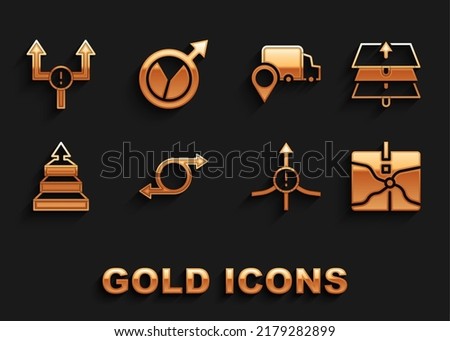 Set Arrow, Layers, Intersection point, Pyramid chart infographics, Delivery tracking,  and Financial growth icon. Vector
