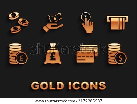 Set Coin money with pound, Credit card inserted, dollar, Hand holding coin,  and  icon. Vector