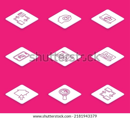 Set line Online working, Freelancer, Video camera Off on laptop, Mute microphone mobile, chat conference,  and Magnifying glass with briefcase icon. Vector