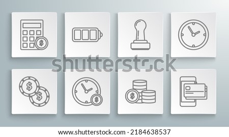 Set line Coin money with dollar symbol, Battery charge level indicator, Time is, Mobile phone and credit card, Stamp, Clock and Calculator icon. Vector