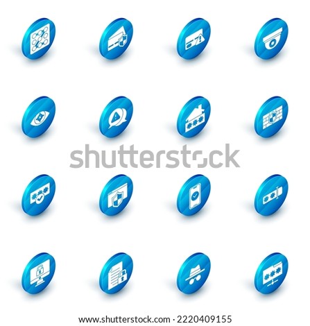 Set Credit card with shield, Security camera, Eye scan, Password protection, Exclamation mark in triangle, Shield brick wall and House password icon. Vector
