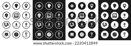 Set Helicopter landing pad, Gps device with map, Location anchor, Wind rose, Stop sign, exclamation mark, Fork the road and City navigation icon. Vector