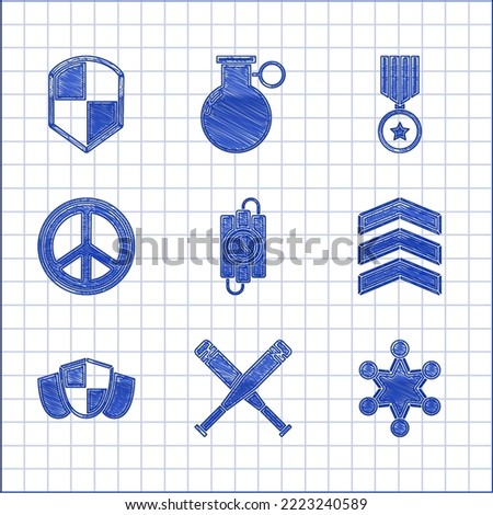 Set dynamite stick and timer clock, Crossed baseball bat, Police badge, Military rank, Shield, Peace, reward medal and  icon. Vector