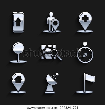 Set Folded map with location marker, Radar, Flag, Compass, Map pointer house, Push pin, Medical cross hospital and Infographic of city navigation icon. Vector