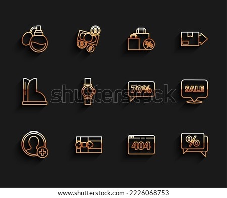 Set line Create account screen, Gift box, Perfume, Page with 404 error, Discount percent tag, Wrist watch, Hanging sign Sale and Seventy discount icon. Vector