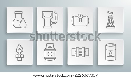 Set line Oil rig with fire, Petrol or gas station, Propane tank, Metallic pipes and valve, Barrel oil, Gas for vehicle,  and petrol test tube icon. Vector