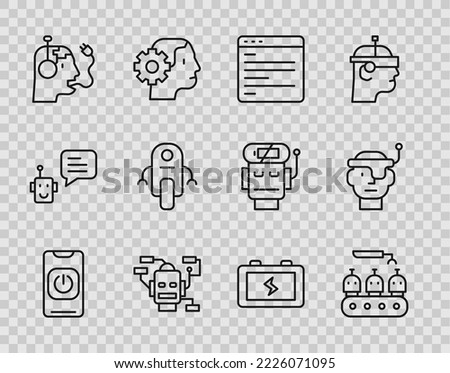 Set line Turn off robot from phone, Industrial production robots, Computer api interface, Robot, charging battery, Battery and Smart glasses icon. Vector