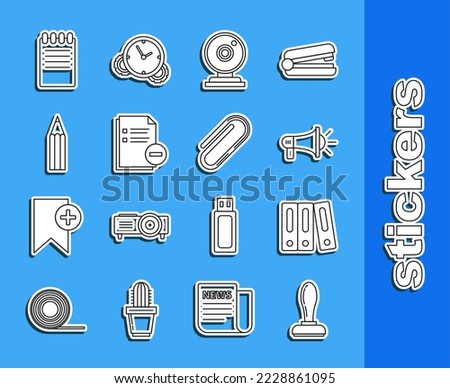 Set line Stamp, Office folders with papers and documents, Megaphone, Web camera, Document minus, Pencil, Notebook and Paper clip icon. Vector