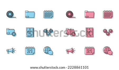 Set line Megaphone, Calendar, Scotch, World map made from speech bubble, Archive papers drawer, Gear, Folder settings with gears and Document folder icon. Vector
