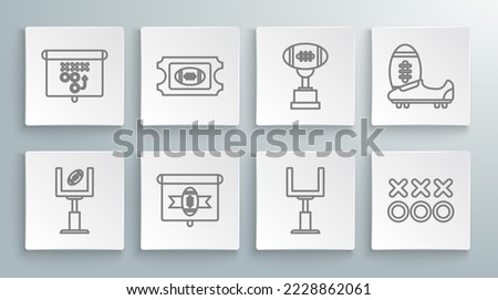 Set line American football goal post and football ball, Football ticket, on tv program, Planning strategy concept, Award cup, Soccer or shoes with spikes and  icon. Vector