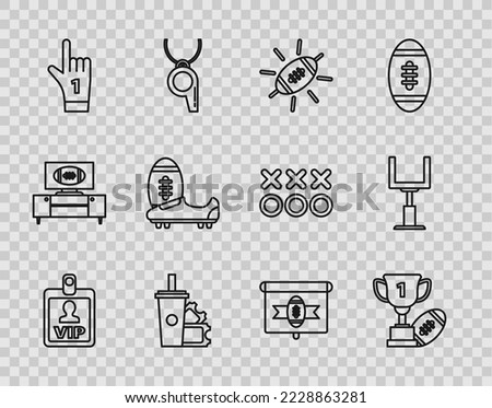 Set line VIP badge, Football, ticket paper glass soda with drinking straw, Number 1 one fan hand glove finger raised, Soccer or shoes spikes, tv program and goal post icon. Vector