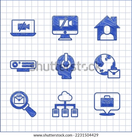 Set Freelancer, Online working, Magnifying glass with briefcase, Web camera,  and Video Off on laptop icon. Vector