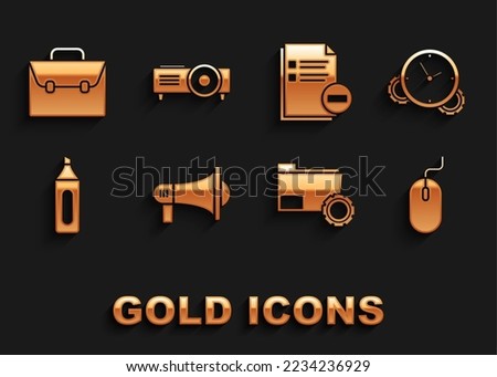 Set Megaphone, Time Management, Computer mouse, Folder settings with gears, Marker pen, Document minus, Briefcase and Presentation, movie, film, media projector icon. Vector