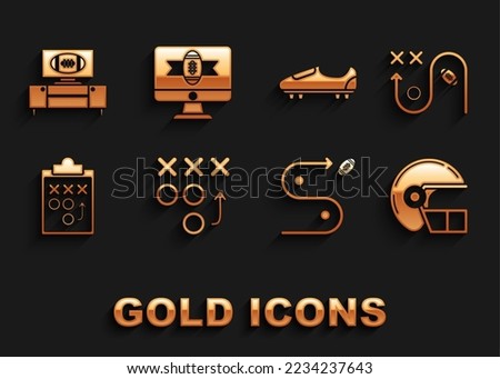 Set Planning strategy concept, American football helmet, Soccer or shoes with spikes, tv program and stand and  icon. Vector