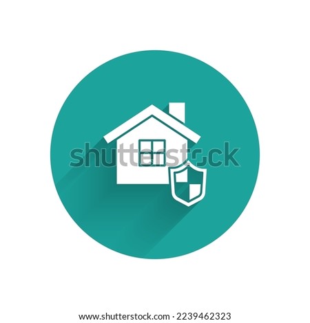 White House with shield icon isolated with long shadow. Insurance concept. Security, safety, protection, protect concept. Green circle button. Vector