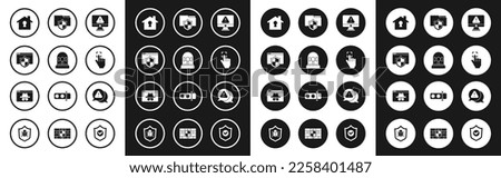 Set Monitor with exclamation mark, Flasher siren, Browser shield, House under protection, Fingerprint, Document folder, Exclamation triangle and incognito window icon. Vector