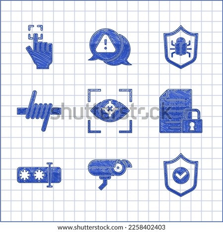 Set Eye scan, Security camera, Shield with check mark, Document and lock, Password protection, Barbed wire, System bug and Fingerprint icon. Vector