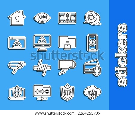 Set line Cloud and shield, Credit card with, Smartphone, Shield brick wall, Monitor exclamation mark, Browser, House under protection and Folder lock icon. Vector