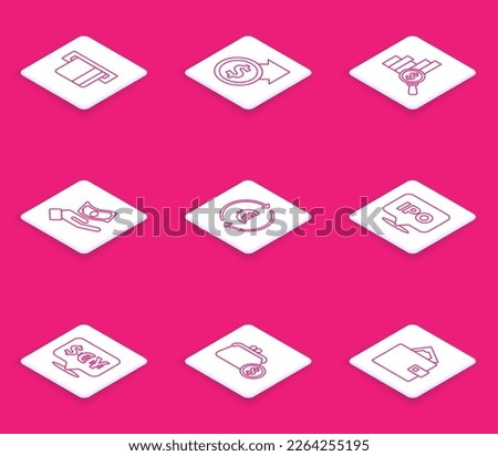 Set line Credit card inserted, Financial growth and dollar, Pie chart, Hand holding money, Coin with euro symbol, IPO, Currency exchange and Wallet coins icon. Vector