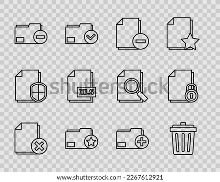 Set line Delete file document, Trash can, Document with minus, folder star, XLS, Add new and and lock icon. Vector