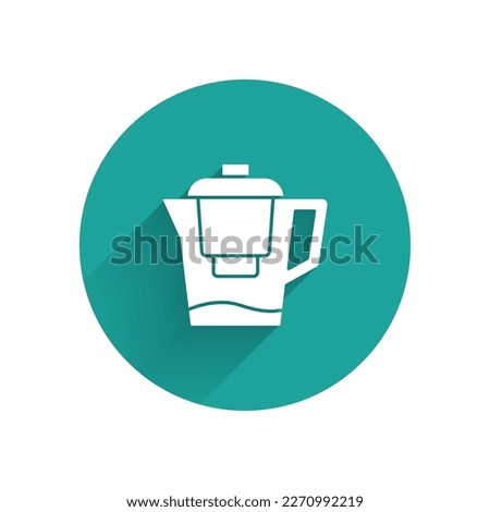 White Water jug with a filter icon isolated with long shadow. Green circle button. Vector
