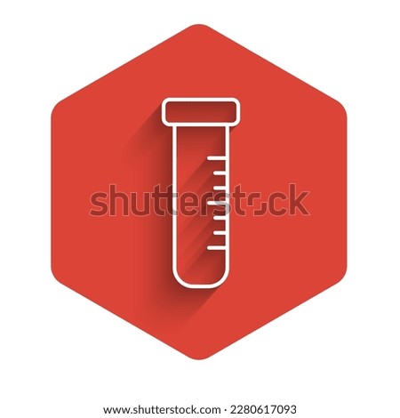 White line Test tube and flask chemical laboratory test icon isolated with long shadow. Laboratory glassware sign. Red hexagon button. Vector