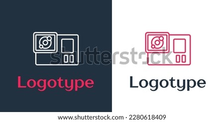 Logotype line Action extreme camera icon isolated on white background. Video camera equipment for filming extreme sports. Logo design template element. Vector