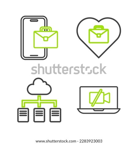 Set line Video camera Off on laptop, Online working, Heart with text and Freelancer icon. Vector