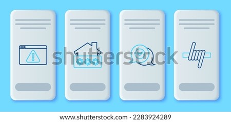 Set line House with password, Check mark in speech bubble, Browser exclamation and Barbed wire icon. Vector