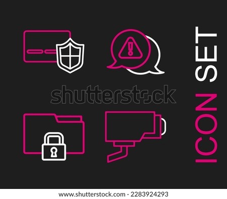 Set line Security camera, Folder and lock, Exclamation mark in triangle and Credit card with shield icon. Vector