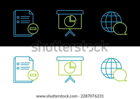 Set line World map made from speech bubble, Document with minus and Presentation financial board graph, schedule, chart, diagram, infographic, pie graph icon. Vector