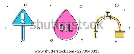 Set Exclamation mark in triangle, Oil drop and Industry pipe and valve icon. Vector