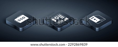 Set Isometric SSD card, Case of computer and Motherboard digital chip icon. Vector