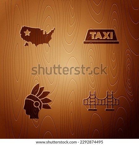 Set Golden gate bridge, USA map, Native American Indian and Taxi car roof on wooden background. Vector