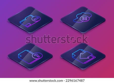 Set Isometric line Document folder with minus, Unknown document, Add cloud and Next page arrow. Blue square button. Vector