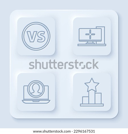 Set line VS Versus battle, Computer monitor, Create account screen and Star. White square button. Vector
