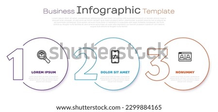 Set line Magnifying glass with briefcase, Video camera Off on mobile and chat conference. Business infographic template. Vector