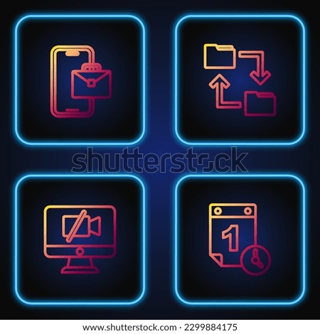Set line Time management, Video camera Off on computer, Freelancer and Cloud storage document folder. Gradient color icons. Vector