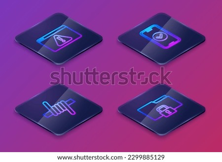 Set Isometric line Browser with exclamation mark, Barbed wire, Smartphone and Folder and lock. Blue square button. Vector