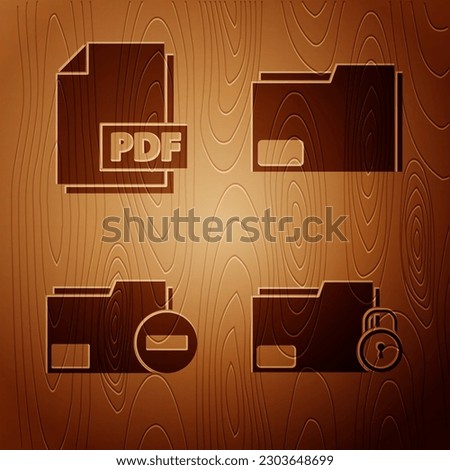 Set Folder and lock, PDF file document, Document folder with minus and Document folder on wooden background. Vector