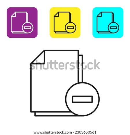 Black line Document with minus icon isolated on white background. Clear document. Remove file document. Delete information file. Set icons colorful square buttons. Vector Illustration