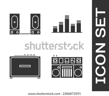 Set DJ remote for playing and mixing music, Stereo speaker, Guitar amplifier and Music equalizer icon. Vector