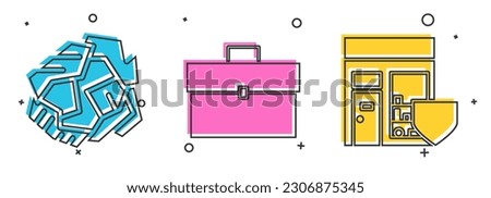 Set Crumpled paper ball, Briefcase and Shopping building with shield icon. Vector