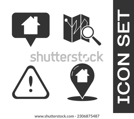 Set Map pointer with house, Map pointer with house, Exclamation mark in triangle and Folded map with location marker icon. Vector