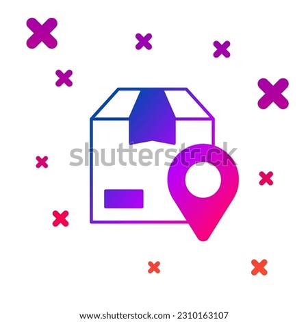 Color Location with cardboard box icon isolated on white background. Delivery services, logistic and transportation, distribution. Gradient random dynamic shapes. Vector