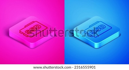 Isometric line SSD card icon isolated on pink and blue background. Solid state drive sign. Storage disk symbol. Square button. Vector